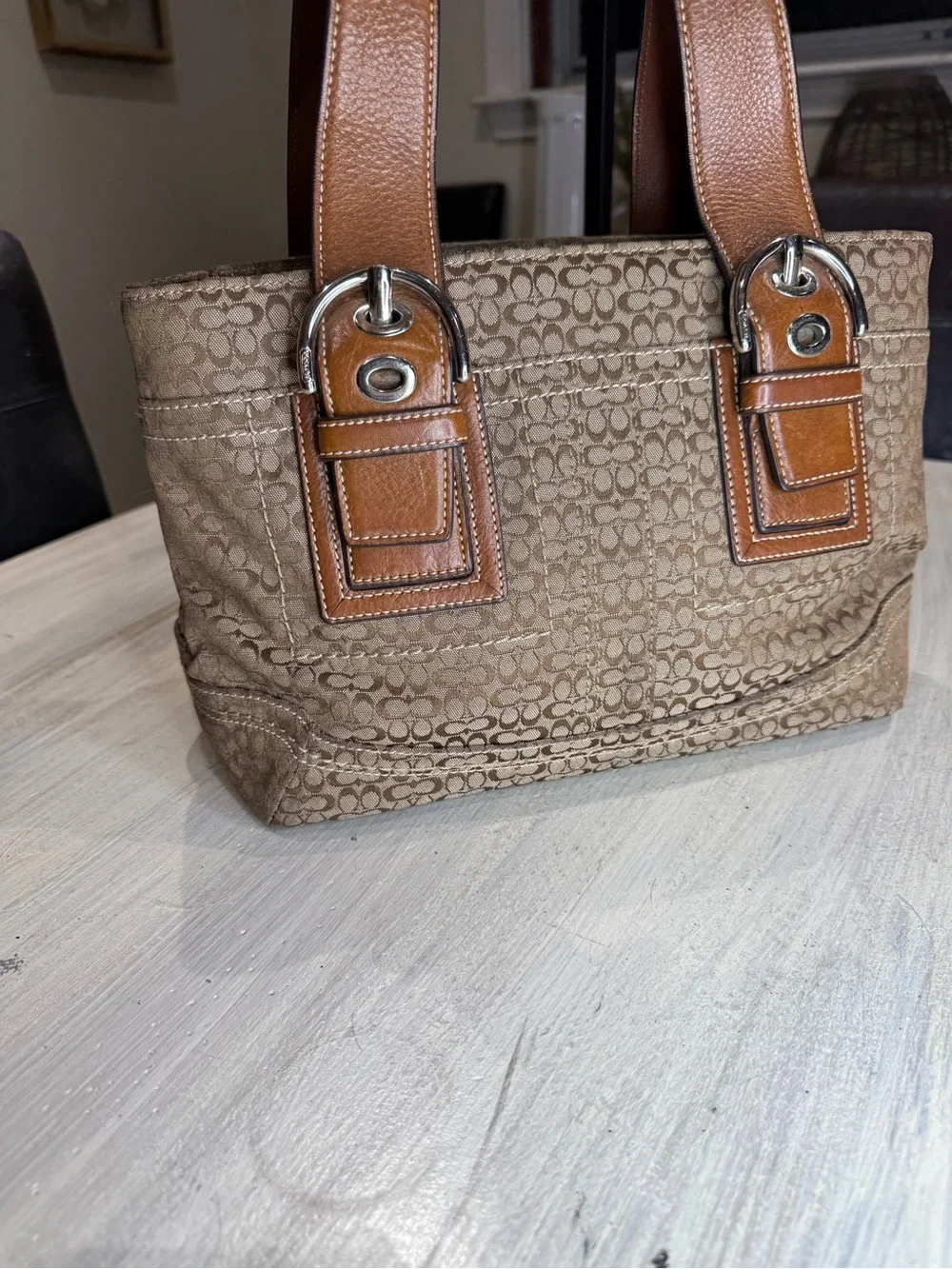 Coach SoHo Mini C Brown Signature Canvas Small Tote with Leather Trim